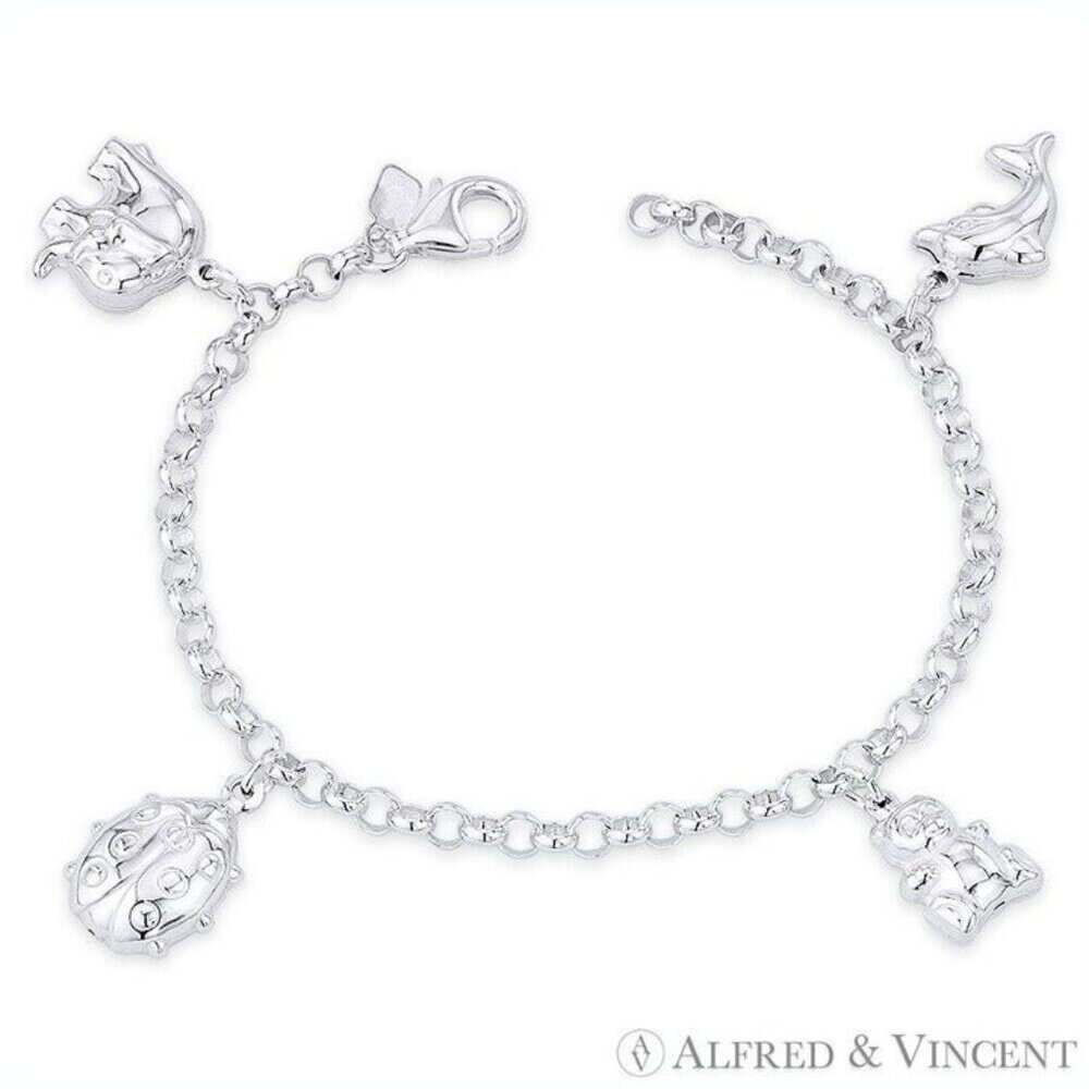 Elephant, Ladybug, Teddy Bear, Dolphin Charm .925 Sterling Silver Bracelet